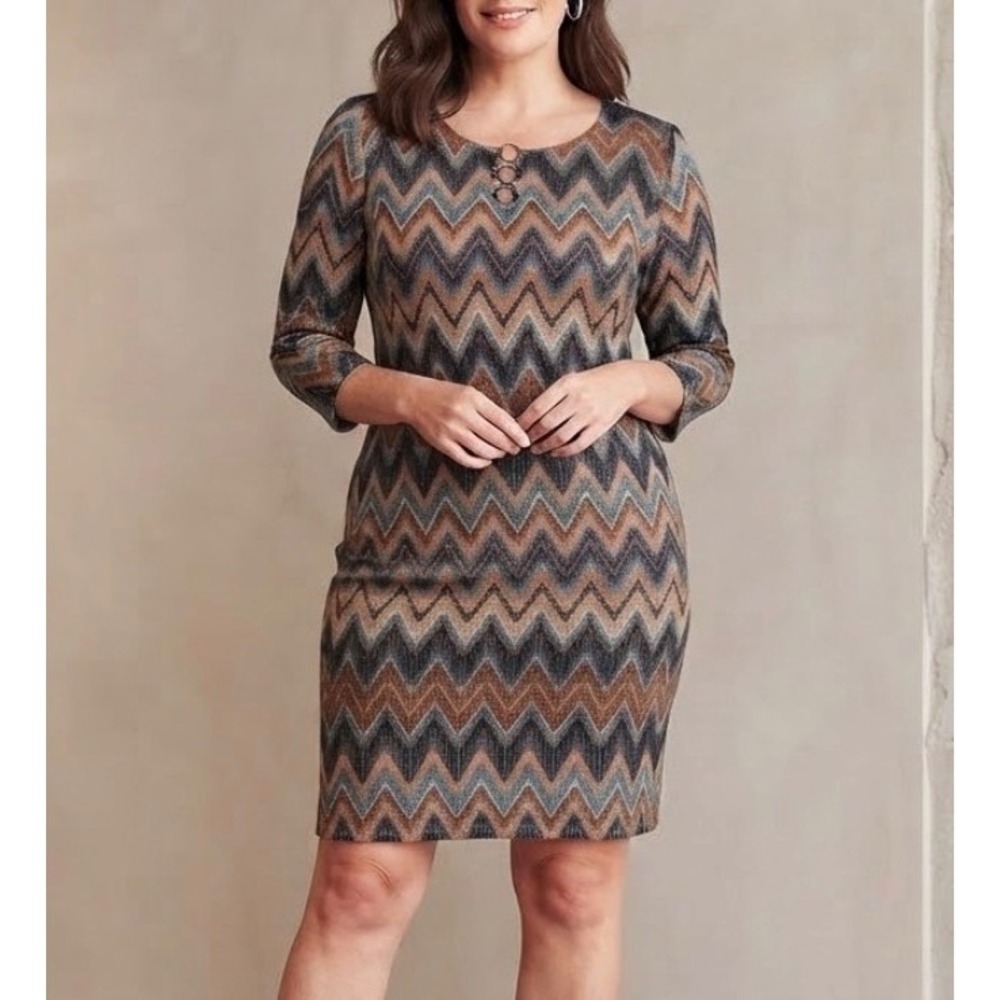 Tacera Women Brown Chevron Zigzag Keyhole Shift Dress PL 10500HPT